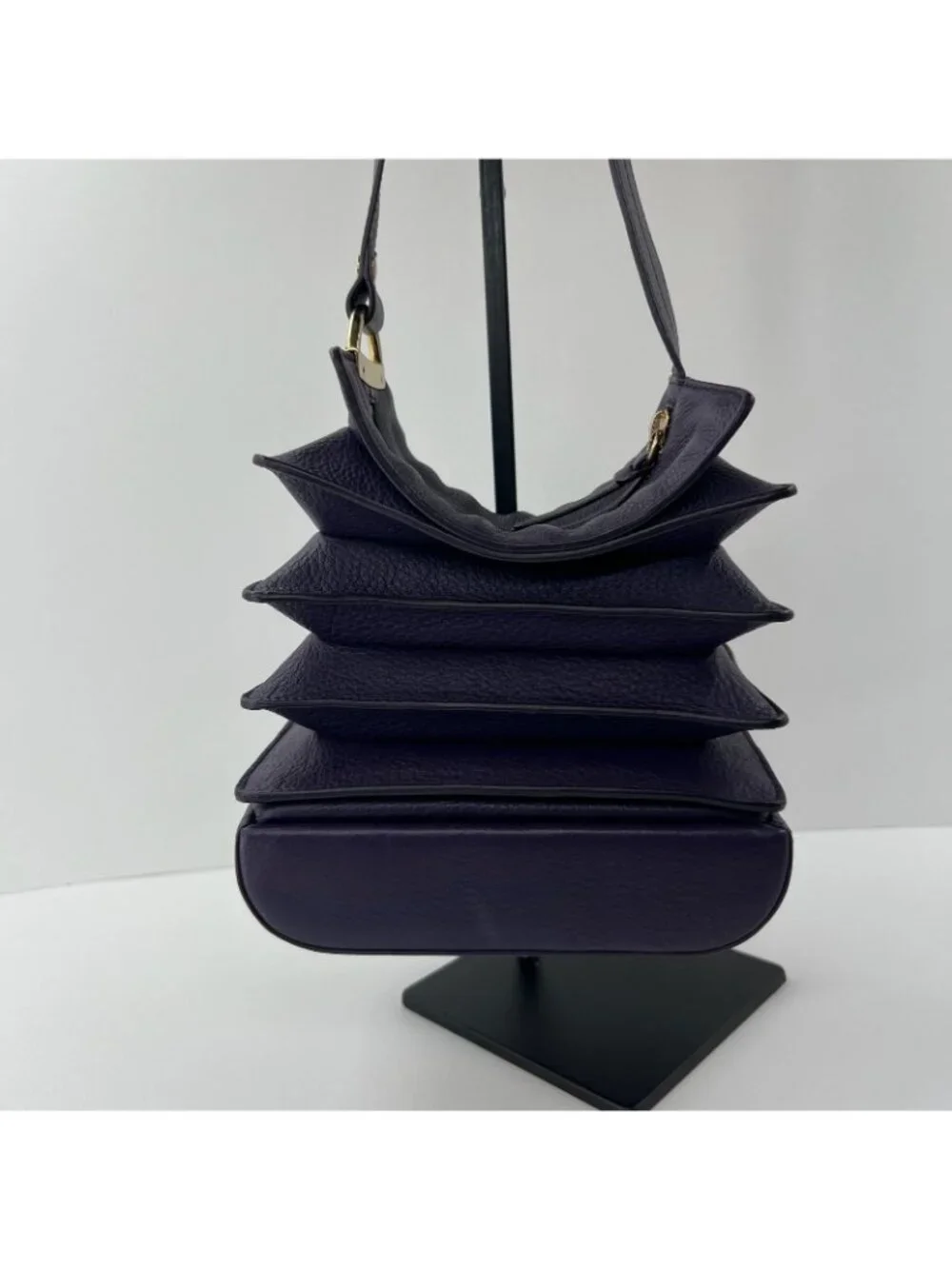 Bodhi Tiered Ruffle Hobo Shoulder Bag Womens Genuine Pebbled Leather Dark Purple